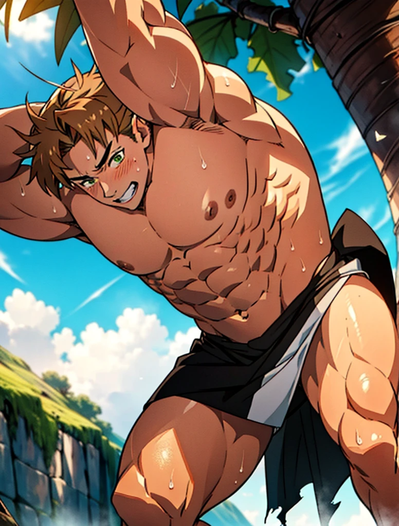 Showing off his muscular muscular back, red skin, bright red skin, the boy blushed shyly , rosy skin, shiny skin(muscular thigh muscles )( anime style, art) (photo angle from bottom up) (photo angle from the ground upwards) [Anime photo][highest quality photo][4k,HD photo quality ] wear tight and short loincloths , bulging loincloths, torn loincloths, wet loincloths, ancient, dirty loinclothuscular thigh muscles, firm thigh muscles, muscular thigh muscles, sinewy thigh muscles, giant thigh muscles, strong leg muscles, muscular hamstring leg muscles)(thigh muscles bulging as if about to explode, muscular, calloused, sinewy, giant) , Rudeus Greyrat,fun, happy, huge body, muscular and muscular, bodybuilder, bodybuilding, standing, lots of sweat flowing down, topless, shirtless, hot sunny, 8 pack abs , short hair , green eyes,  Raise your arms high to reveal your armpits, Hands behind the head.