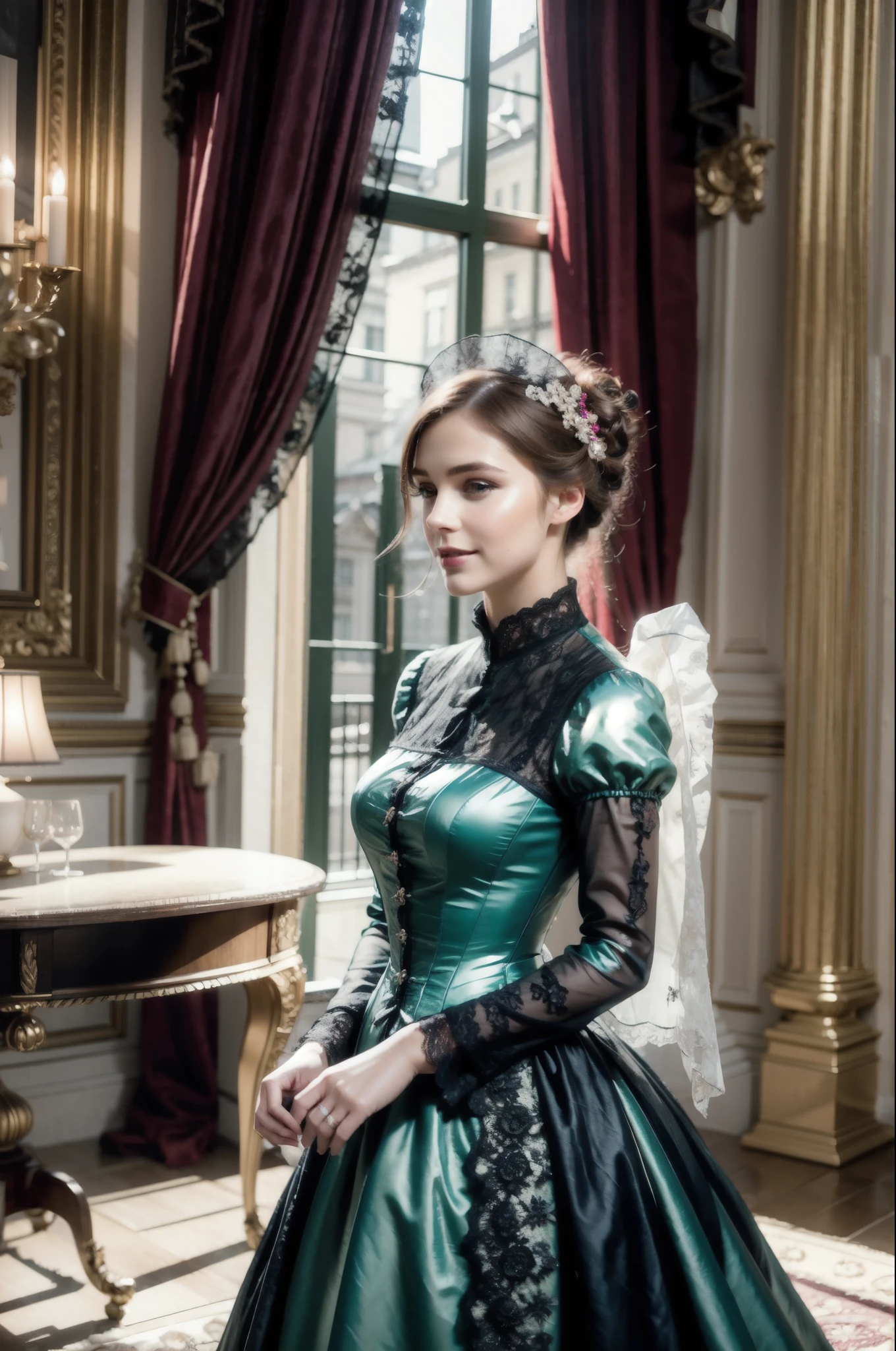 (realistic:1.3), finely detailed, quality, rembrandt lighting, (masterpiece:1.2), (photorealistic:1.2), (best quality), (detailed skin:1.3), (intricate details), dramatic, ray tracing, 1girl, russian girl, 21 years old, detailed skin texture, (blush:0.5), (goosebumps:0.5), subsurface scattering, smiling, big breasts, updo hair, bangs, hair ornaments, jewelry, (black victorian dress:1.2), long dress, (lace overlay:1.2), lace, lace embroidery, frills, brooch, puffy sleeves, (indoors, lavish resplendent decorations, aristocrat mansion, living room, antiques),