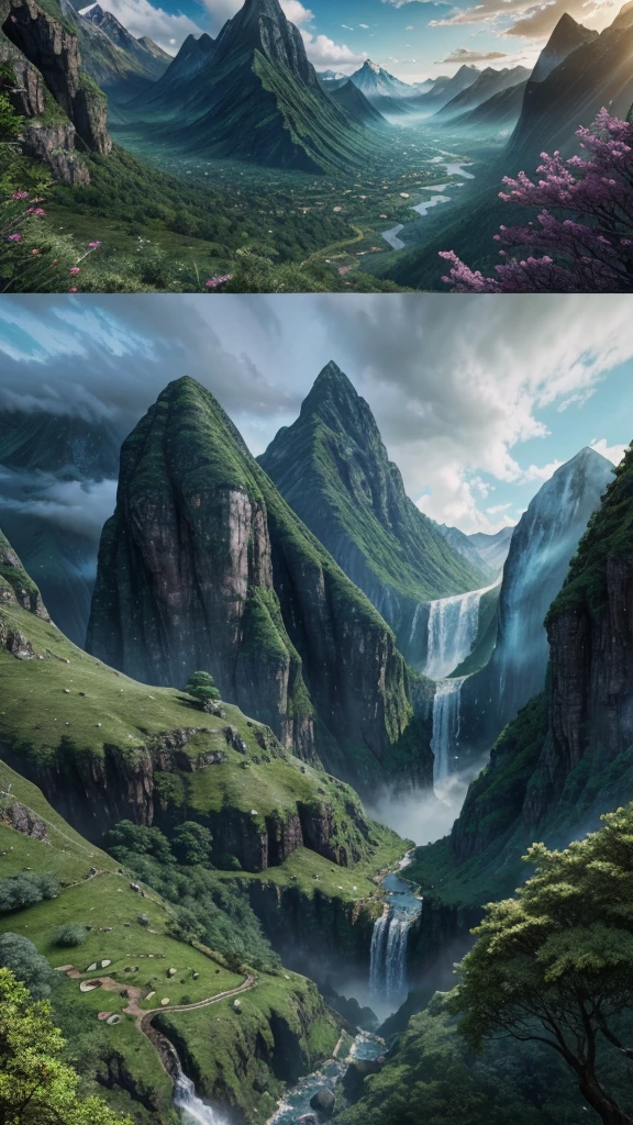 mountains with a waterfall and a few trees in the foreground, impressive fantasy landscape, an epic landscape, fantasy matte painting,cute, fantasy art landscape, most epic landscape, 4k hd matte digital painting, epic fantasy landscape, 4k highly detailed digital art, epic dreamlike fantasy landscape, epic landscape, 4 k matte painting, ross tran. scenic background
