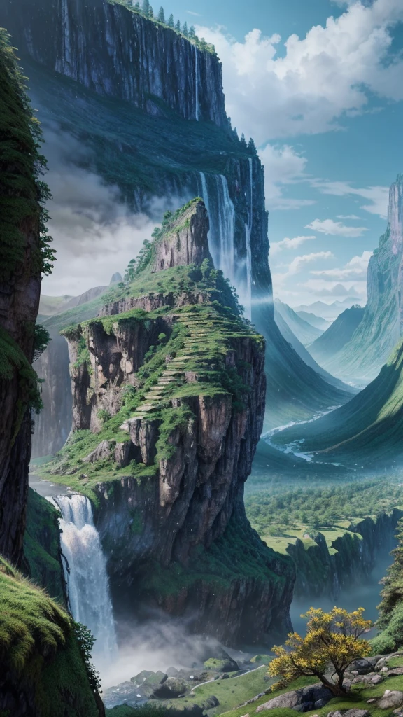 mountains with a waterfall and a few trees in the foreground, impressive fantasy landscape, an epic landscape, fantasy matte painting,cute, fantasy art landscape, most epic landscape, 4k hd matte digital painting, epic fantasy landscape, 4k highly detailed digital art, epic dreamlike fantasy landscape, epic landscape, 4 k matte painting, ross tran. scenic background