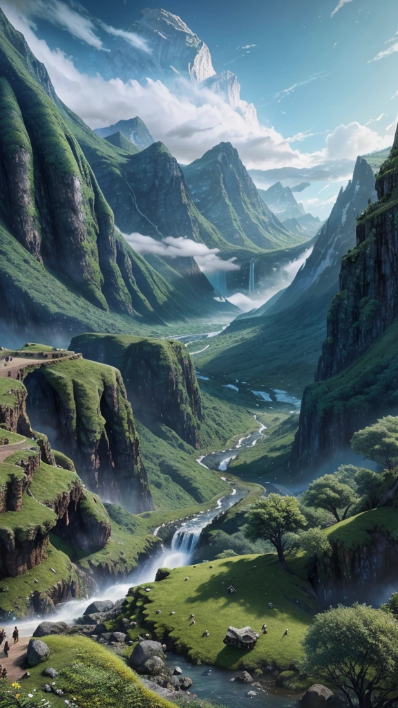 mountains with a waterfall and a few trees in the foreground, impressive fantasy landscape, an epic landscape, fantasy matte painting,cute, fantasy art landscape, most epic landscape, 4k hd matte digital painting, epic fantasy landscape, 4k highly detailed digital art, epic dreamlike fantasy landscape, epic landscape, 4 k matte painting, ross tran. scenic background