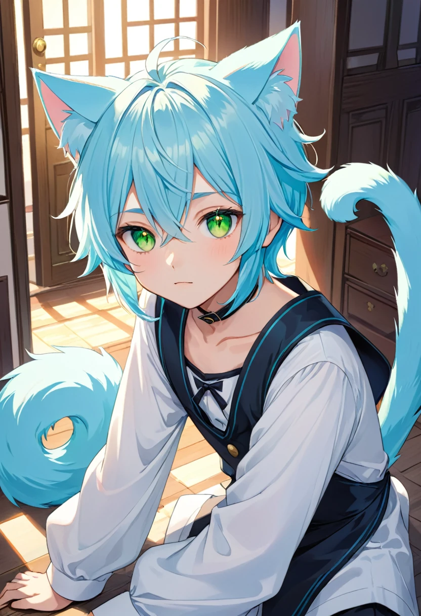 a boy with light blue hair, light blue cat ears and tail, and green eyes