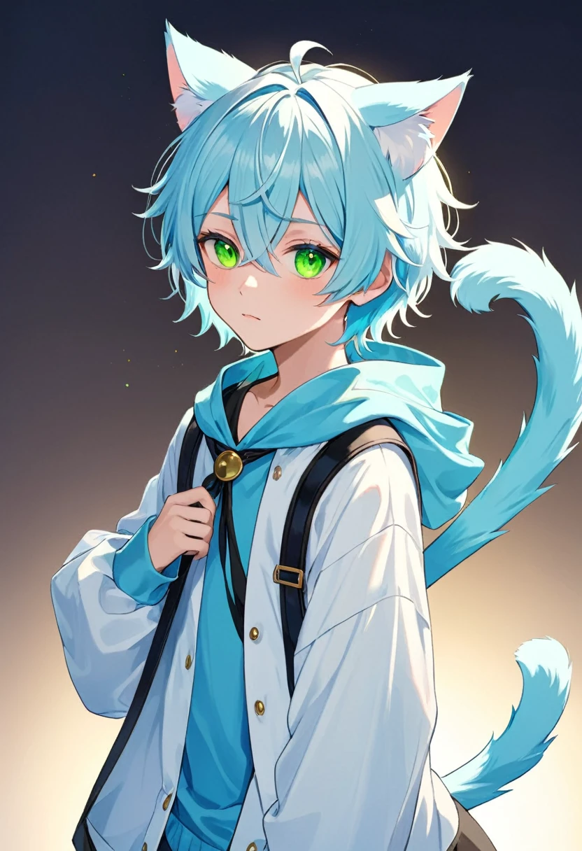 a boy with light blue hair, light blue  cat ears and tail, and green eyes 