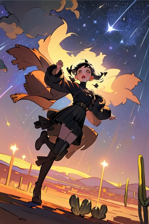 1girl, Ethereal sheer blouse, pleated midi skirt, knee-high boots, chandelier earrings, velvet clutch, faux fur stole, Drip, Oil paint, Stencil, Starry night sky over desert landscape, silhouette of cacti, shooting stars streaking across sky