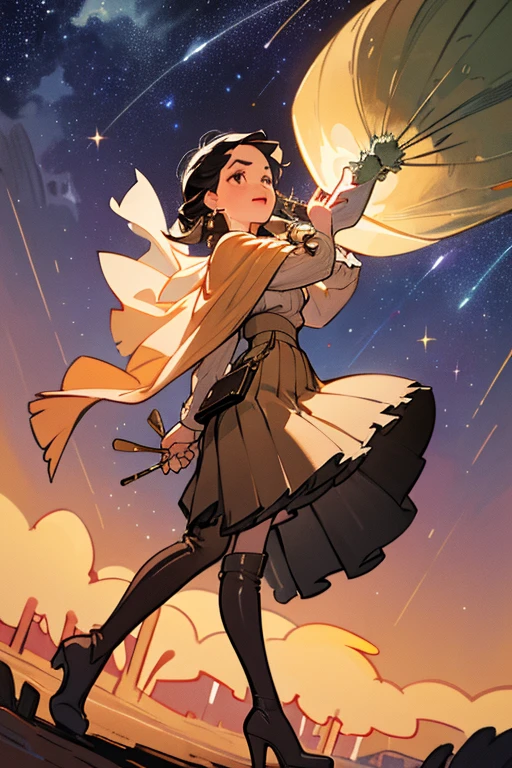 1girl, Ethereal sheer blouse, pleated midi skirt, knee-high boots, chandelier earrings, velvet clutch, faux fur stole, Drip, Oil paint, Stencil, Starry night sky over desert landscape, silhouette of cacti, shooting stars streaking across sky