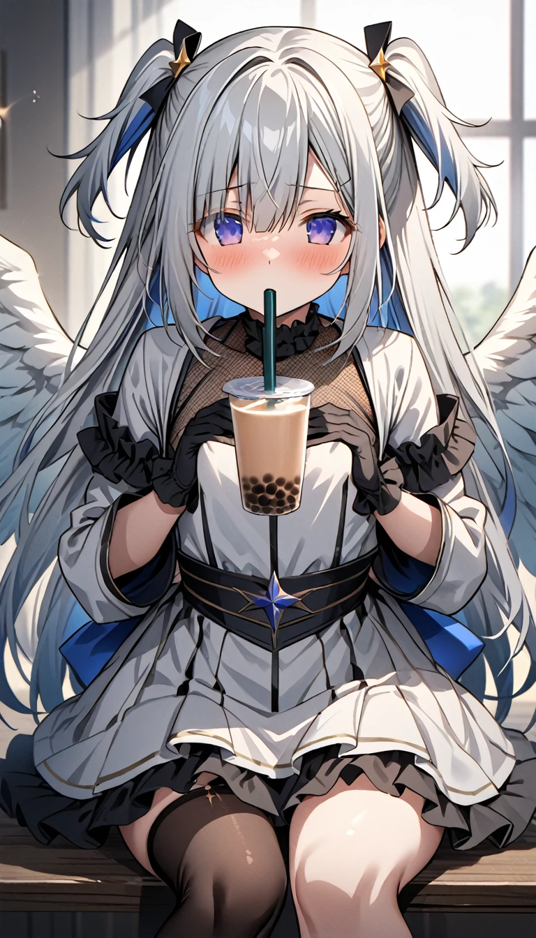 best quality,ultra detailed,extremely detailed and beautiful,perfect anatomy,perfect hands,(amane kanata)+++, angel, angel_wings, asymmetrical hair,silver hair,mesh (blue), very long hair, two side up,flat chest,(black frill dress)+,black gloves, (white jacket)+++,opened jacket,asymmetrical legwear,bubble tea challenge,(Support the breast with both hands), breast on tea,