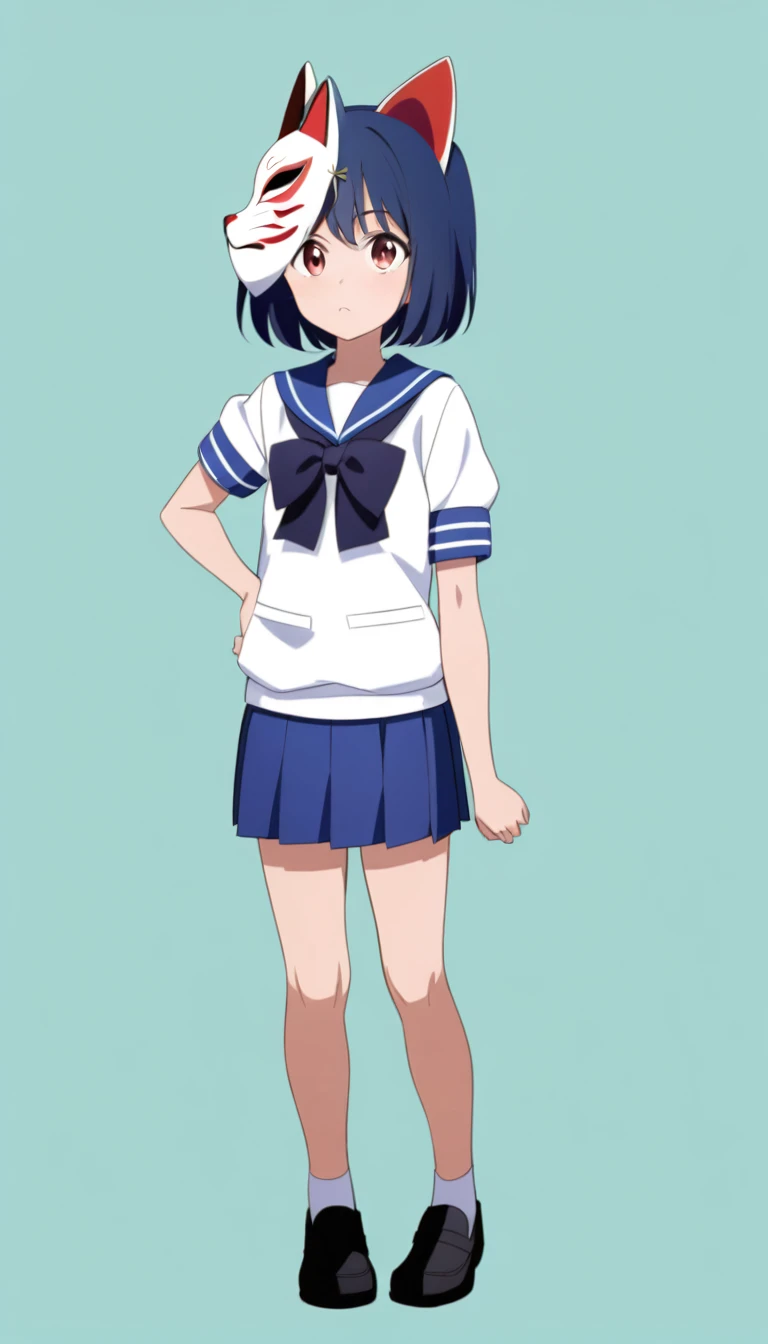 18-year-old, young girl, anime, short hair, ((His entire face is covered by a Japanese fox mask.)), BREAK blue hair, full body, sailor suit, short pleated skirt, (simple background), (stand up straight), anatomically correct