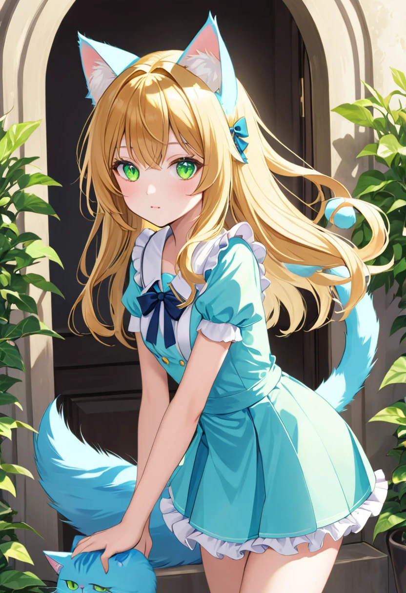 a girl with golden hair, light blue cat ears and tail, and green eyes
