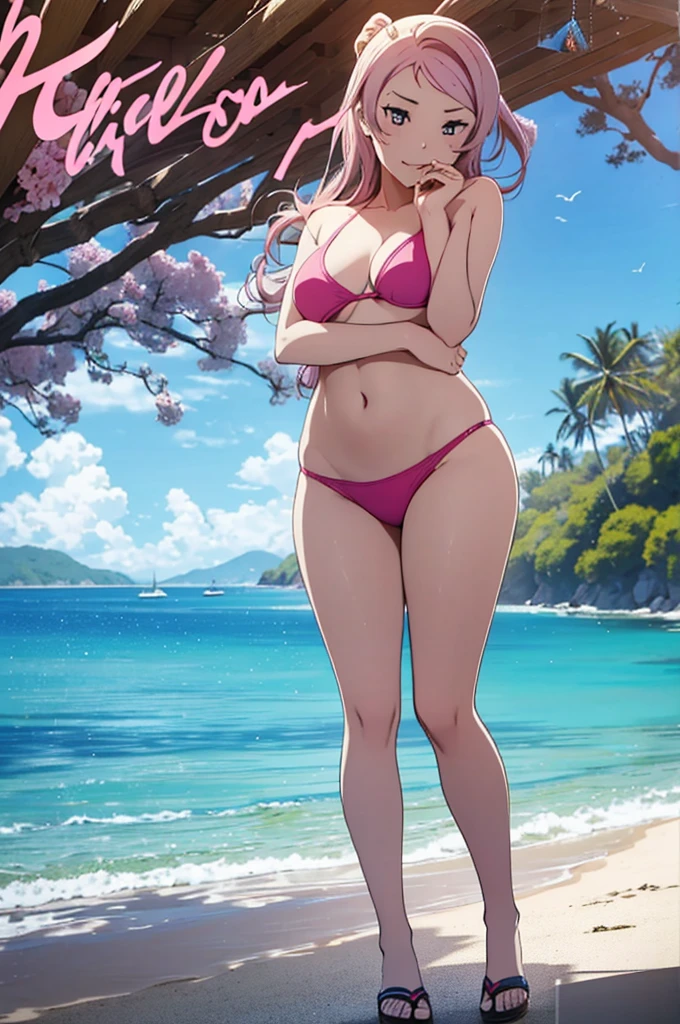 Full body portrait. Lanzhu Zhong from the anime Love Live. Beautiful woman. Round and exposed breasts. Slim and beautiful body. Woman in pink micro bikini on a beach. Sunny day. The woman has a sensual facial expression as if she wants to devour whoever is watching her. High resolution. Detailed. Dynamic light and dynamic shadow.