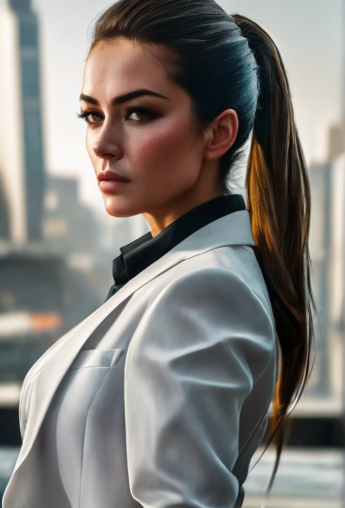 Upper body shot, a beautiful, strong and confident woman, about 35 years old, with sharp facial lines, a strongly defined jaw, hair pulled tightly into a ponytail, visible hidden tattoo, hidden gun in back, realistic, ultra-detailed, (best quality,8k,highres,masterpiece:1.2),ultra-detailed,(realistic,photorealistic,photo-realistic:1.37),dramatic lighting, dramatic pose, business attire, mafia boss, dangerous, attractive, cinematic hollywood style