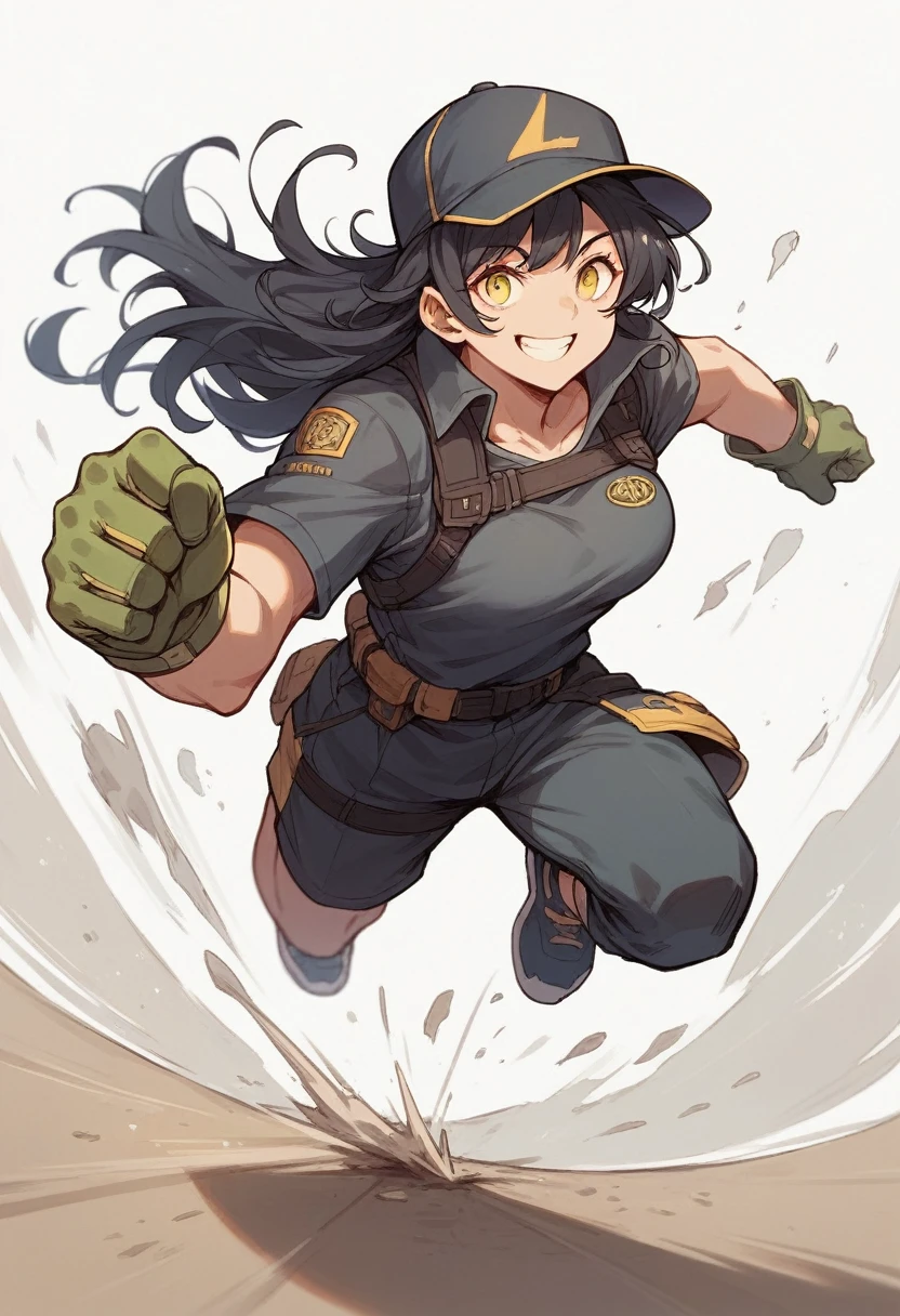 A girl, smile, black hair, big yellow eyes, no body, running, simple white background, with hat, with glove