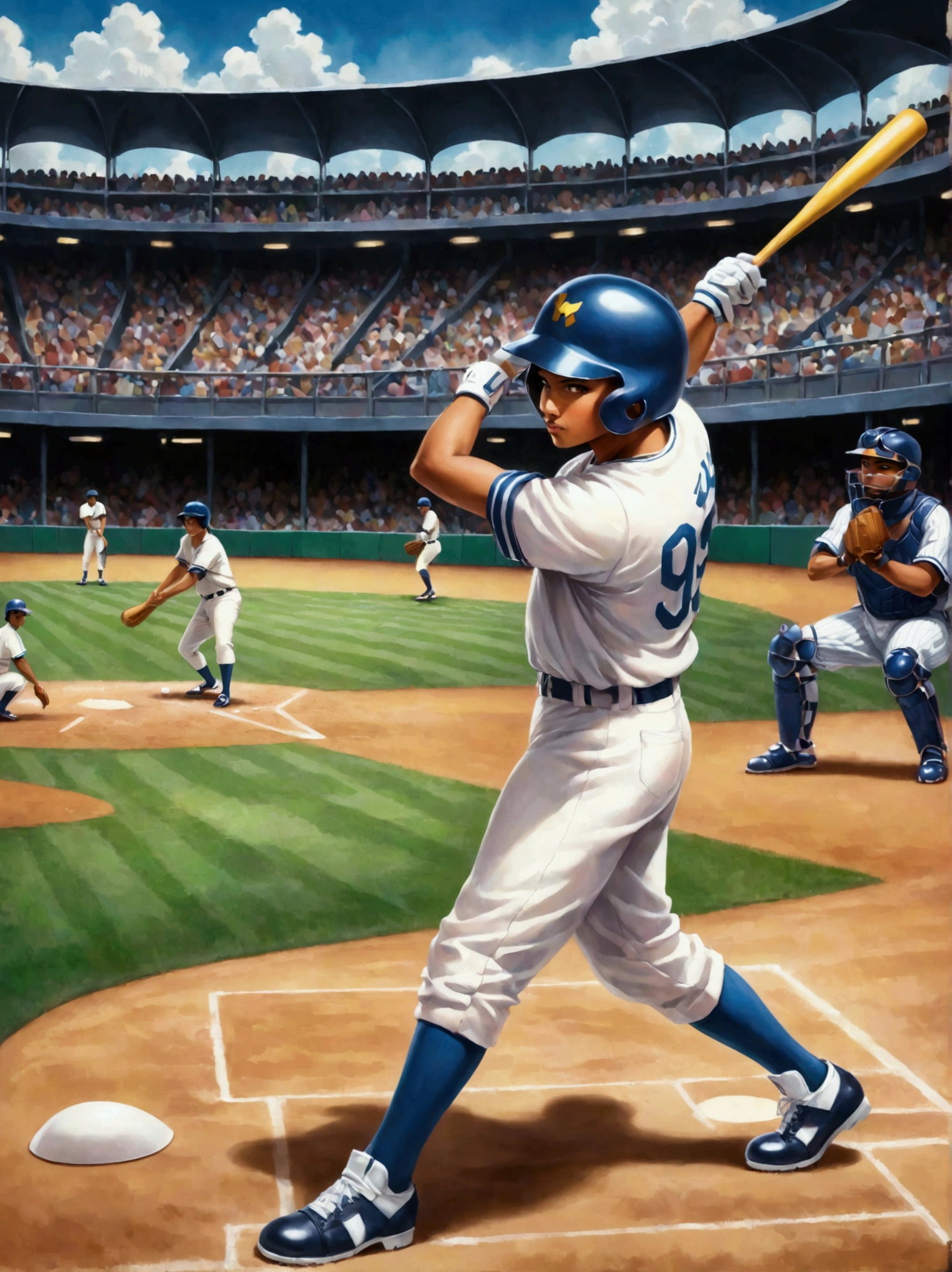 in style of Iwona Lifsches, A depiction of a classic 90s baseball scene. The central focus being a Hispanic batter in mid-swing, decked out in typical 90s fashion, baggy uniform slightly ill-fitting but very representative of the era. The player wears high-top cleats, a batting helmet with a protective ear flap, and wooden bat in hands. In the background, envision other players in the field are ready for the play, noticeable diversity in terms of race and gender. The stadium backdrop buzzing with a crowd that radiates the quintessential enthusiasm of baseball fans of that time.