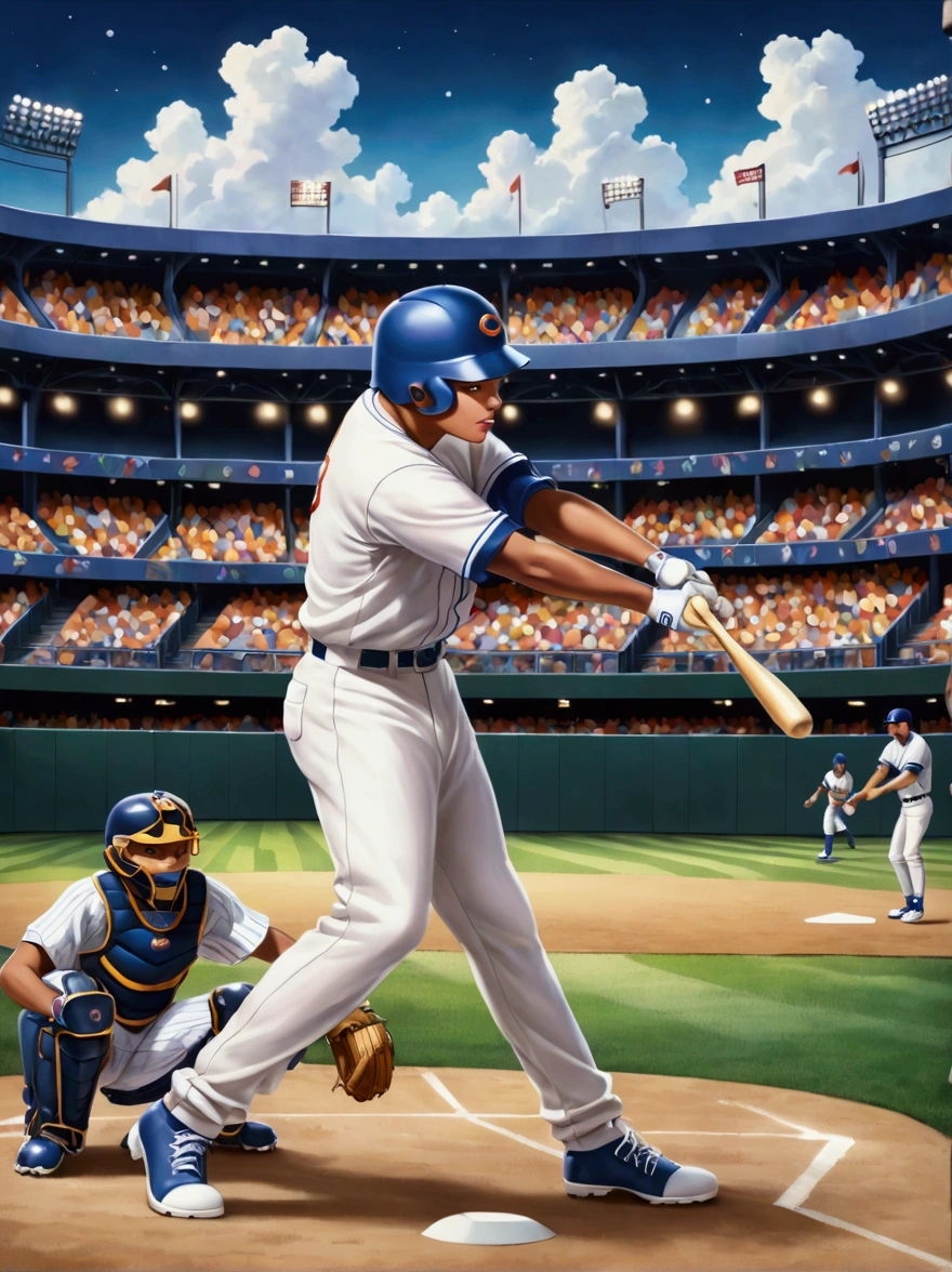 in style of Iwona Lifsches, A depiction of a classic 90s baseball scene. The central focus being a Hispanic batter in mid-swing, decked out in typical 90s fashion, baggy uniform slightly ill-fitting but very representative of the era. The player wears high-top cleats, a batting helmet with a protective ear flap, and wooden bat in hands. In the background, envision other players in the field are ready for the play, noticeable diversity in terms of race and gender. The stadium backdrop buzzing with a crowd that radiates the quintessential enthusiasm of baseball fans of that time.