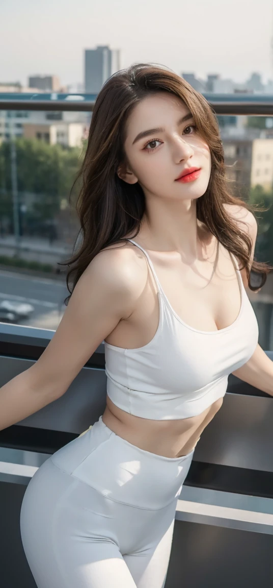 ((best quality, 8K, masterpiece :1.3)), whole body, Clear focus :1.2, Beautiful woman with perfect body :1.4, Slim abdominal muscles :1.2, ((Dark brown hair, Large Breasts :1.2)), Tights :1.1, (City night scene, Modern balcony :1.1), Highly detailed face and skin textures, Delicate eyes, Double eyelids, Small bust, OL, office Wear, White T-shirt, Cleavage exposed, (No), Interior scene, office,Body Yoga