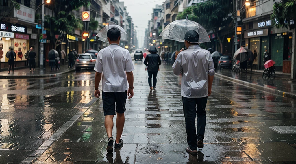 Create a clear photo of a man remembering his ex-lover while walking on the street on a rainy afternoon in Vietnam
