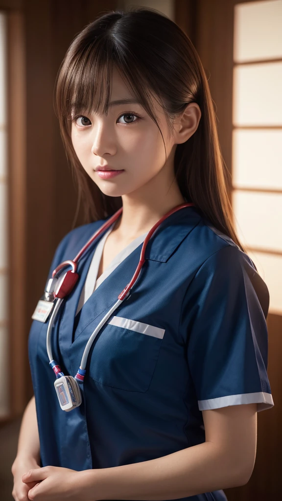A beautiful young Japanese woman, around 20 years old, wearing a Nurses' Uniforms, ultra-detailed, 8K resolution, highly realistic, cinematic lighting, best quality, masterpiece, photorealistic, physically-based rendering, extremely detailed, vivid colors, professional, sharp focus, studio lighting
