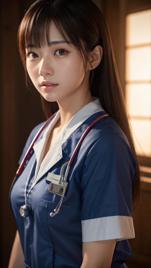 A beautiful young Japanese woman, around 20 years old, wearing a Nurses' Uniforms, ultra-detailed, 8K resolution, highly realistic, cinematic lighting, best quality, masterpiece, photorealistic, physically-based rendering, extremely detailed, vivid colors, professional, sharp focus, studio lighting