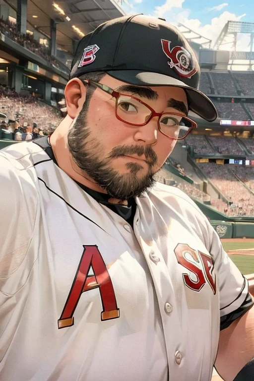 １male, alone, (Yossan), Ultra-high resolution,beard, Glasses, ((Are fat)), baseball player, (baseball Ground), Oneter Box, One, uniform, One, Baseball cap, Audience seats, Stadium, sunlight, dynamic, force, support, illumination, colorful, hot, 