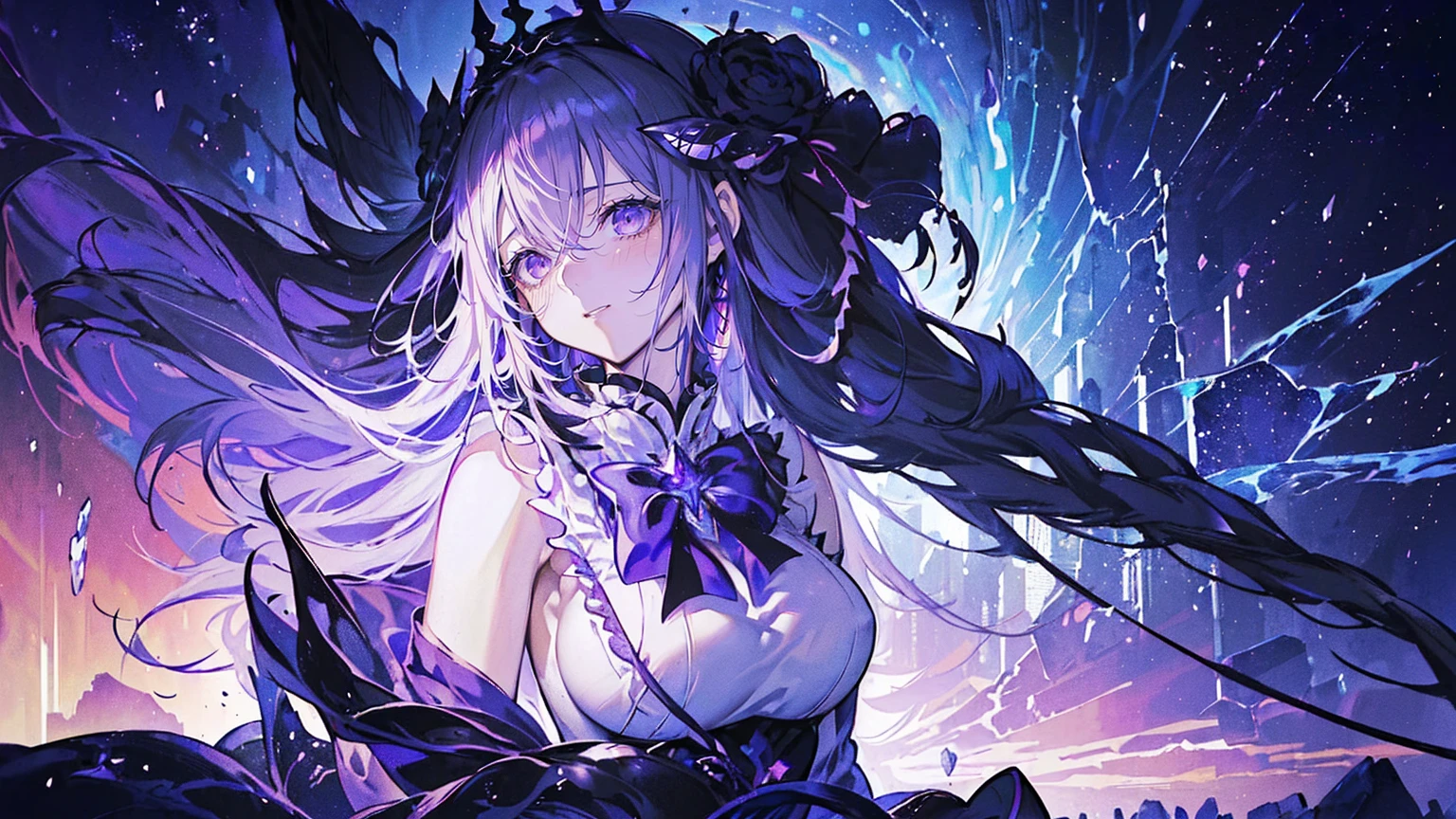 (Super detailed)),((illustration)),((masterpiece)),(((need))),((fine、Highest quality CG Unity 8K wallpapers,masterpiece),((4K,masterpiece,best quality)),anime girl with long black hair and a crown on her head, high detailed official artwork, ayaka genshin impact, detailed key anime art, black - haired mage, hestia, noire, extremely detailed artgerm, fate grand order, cushart krenz key art feminine, shalltear bloodfallen, portrait knights of zodiac girl, anime goddess,Black purple boots,individual,Full body picture