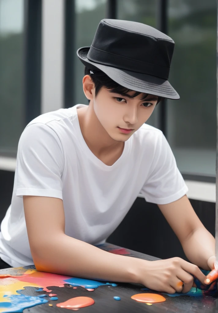 Create a male student wearing a black hat and a white T-shirt, giving the impression of spilled paint, so that the face is not blurred.