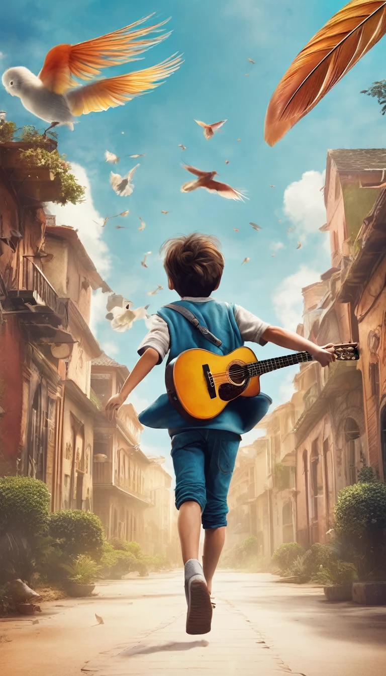 Create a professional, fantastic, cinematic Youtube Banner for a brand about music and stories called " Penamemoria". Masterpiece, 4k, sharp focus, highest quality,wide shot. The title is " Penamemoria". Is a brand about the creative, unique journey of a boy into becoming a musician storyteller. In his journey he finds inspiration in a world of birds and feathers. Minimalistic, simple, poetic, dreamy logotype at the center of the image. The Background image is a world full of fantastic feathers, unique birds, light blue sky, and a boy running happily into the horizon with an acoustic guitar in his right hand. Boy running against the wind, almost simulating like he is flying