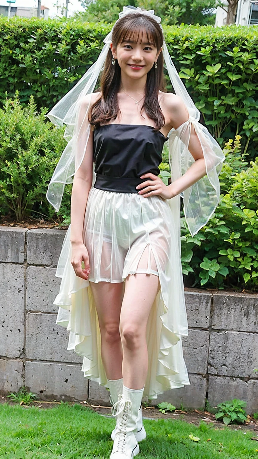(8k、RAW Photos、Highest quality、masterpiece:1.2)、(Realistic、Realistic)、1 Girl、((whole body、Black Dress、Skin visible、ribbon、Exposed、Sandals、garter belt、garden、View from the front、Fluttering in the wind、Looking at the camera、See-through、Standing with hands on hips))、cute