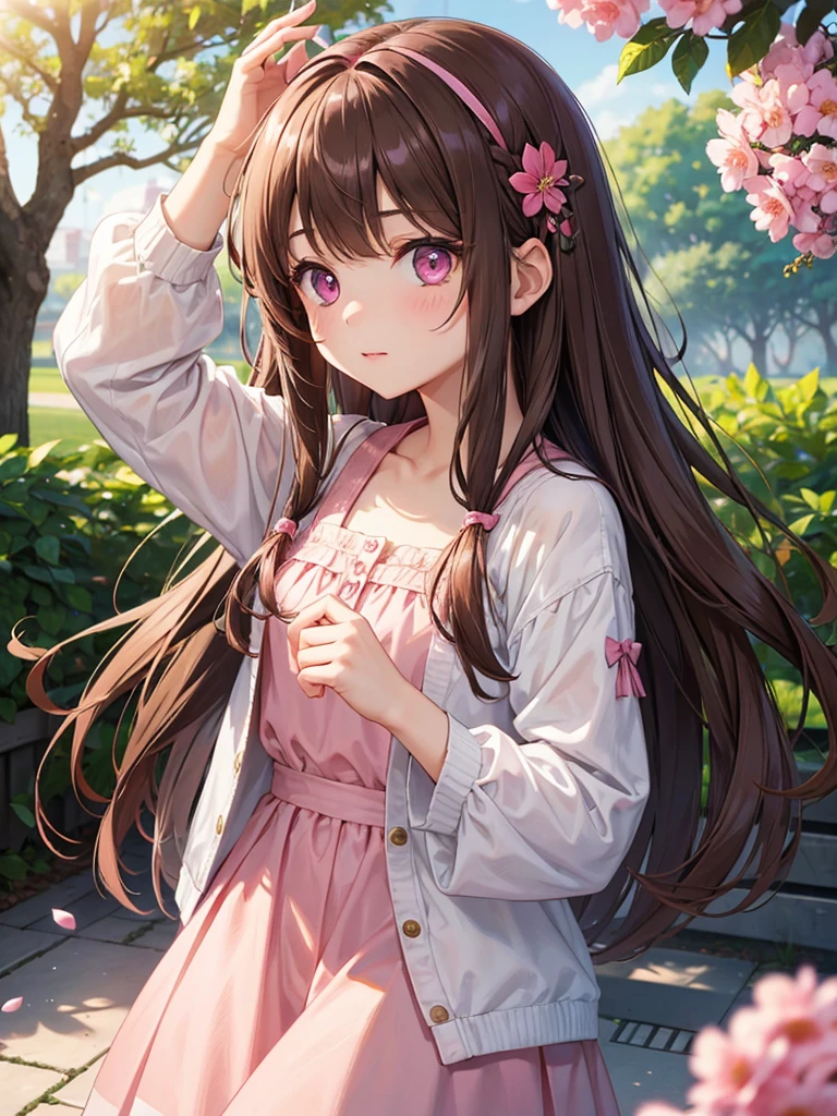 girl, pink eyes, long curry brown hair, kind, quiet girl. wear flower clips in her hair