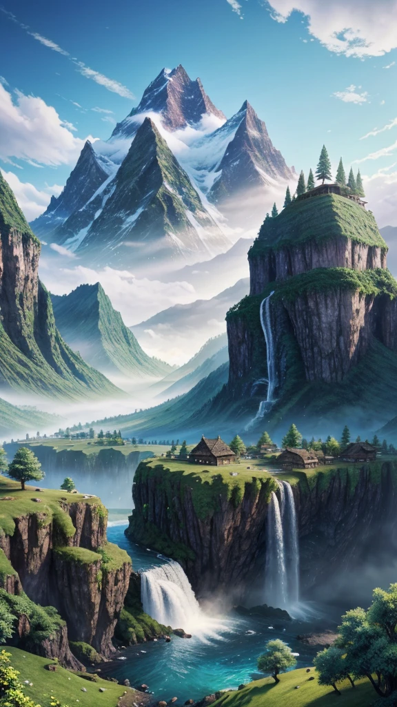 mountains with a waterfall and a few trees in the foreground, impressive fantasy landscape, an epic landscape, fantasy matte painting，cute, fantasy art landscape, most epic landscape, 4k hd matte digital painting, epic fantasy landscape, 4k highly detailed digital art, epic dreamlike fantasy landscape, epic landscape, 4 k matte painting, ross tran. scenic background beight image summer day colour full image 8k highly digital art,.