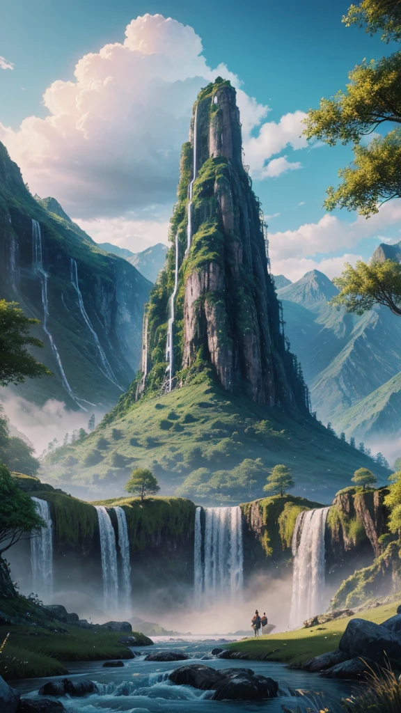 mountains with a waterfall and a few trees in the foreground, impressive fantasy landscape, an epic landscape, fantasy matte painting,cute, fantasy art landscape, most epic landscape, 4k hd matte digital painting, epic fantasy landscape, 4k highly detailed digital art, epic dreamlike fantasy landscape, epic landscape, 4 k matte painting, ross tran. scenic background beight image summer day colour full image 8k highly digital art,.