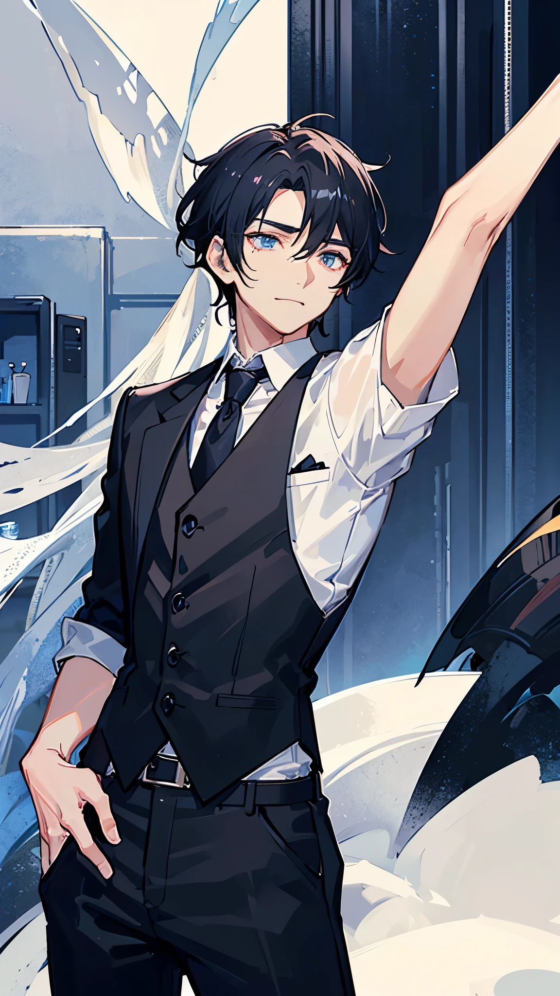 A man around 35 years old、A man with waist-length black hair tied back、Wearing a black suit、Eye color is a calm blue、The background is a stylish cafe、There is a white cat