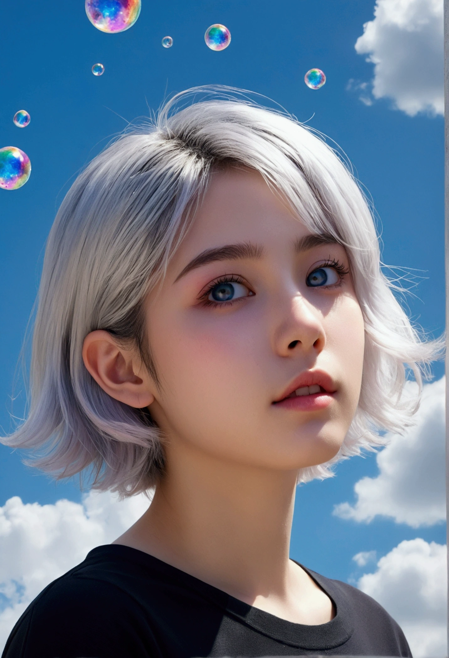 (female\(Student, age 15, JK, short floating silver hair, cosmic colored eyes, black , pale skin, tired face without shine in the eyes\) is looking at the sky), beautiful sky, beautiful clouds, colorful summer flowers bloom here and there, (Crystalline bubbles shine like prisms here and there in the sky), There is the noon moon and the noon stars in the sky, BREAK ,quality\(8k,extremely detailed CG unit wallpaper, masterpiece,high resolution,top-quality,top-quality real texture skin,hyperrealistic,increase resolution,RAW Photos,la mejor quality,Very detailed,The wallpaper,cinematic lighting,ray trace,golden ratio\),long shot