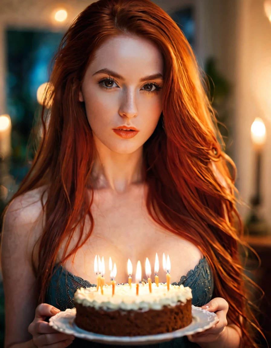 ultra realistic, photography, long red hair, girl, 24 years old, hourglass figure, perfect body, Flirty look, beautiful detailed woman, intricate and detailed face, long lush hair, soft lighting, photorealistic, high quality, cinematic, dramatic, warm color tones, facing the camera, Nikon z fx, lens 35 mm, blur background, at a birthday party in a livingroom, it says 25, she is nude, female is holding a plate with a single slice of cake on it, on the cake is one (1) single candle and the female is blowing the candle out