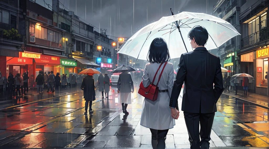 Create a clear photo of a man remembering his ex-lover while walking on the street on a rainy afternoon in Vietnam