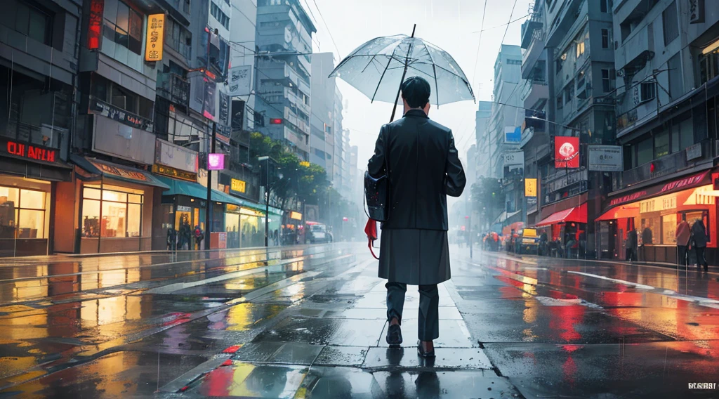 Create a clear photo of a man remembering his ex-lover while walking on the street on a rainy afternoon in Vietnam
