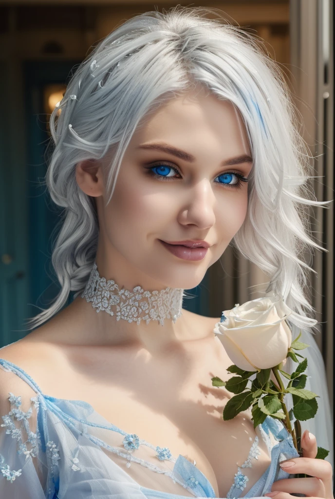 White hair, beautiful blue eyes, She held a white rose in her hand, don't changes the face