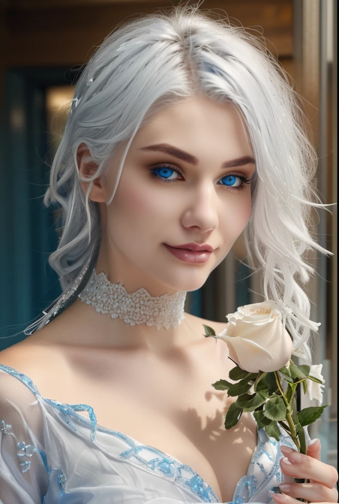 White hair, beautiful blue eyes, She held a white rose in her hand, don't changes the face