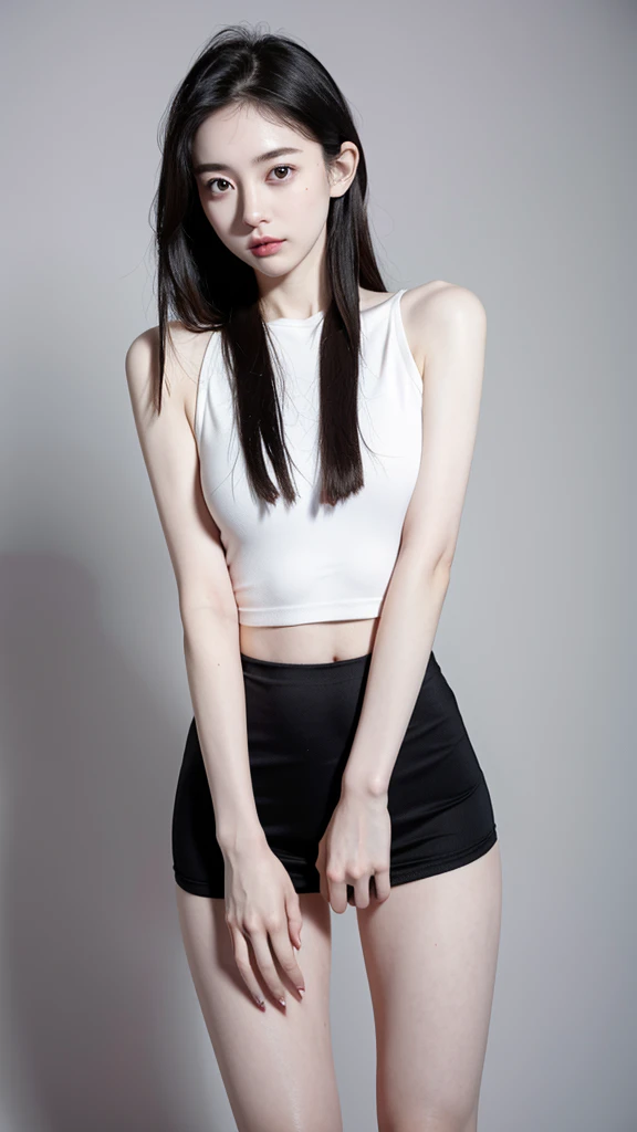 nipple, visible through a white shirt (((masterpiece, highest quality)), No panties, 1 girl, (realistic: 1.4), alone, white background, black hair, long hair, Absolute area, skirt, ((full body)),
