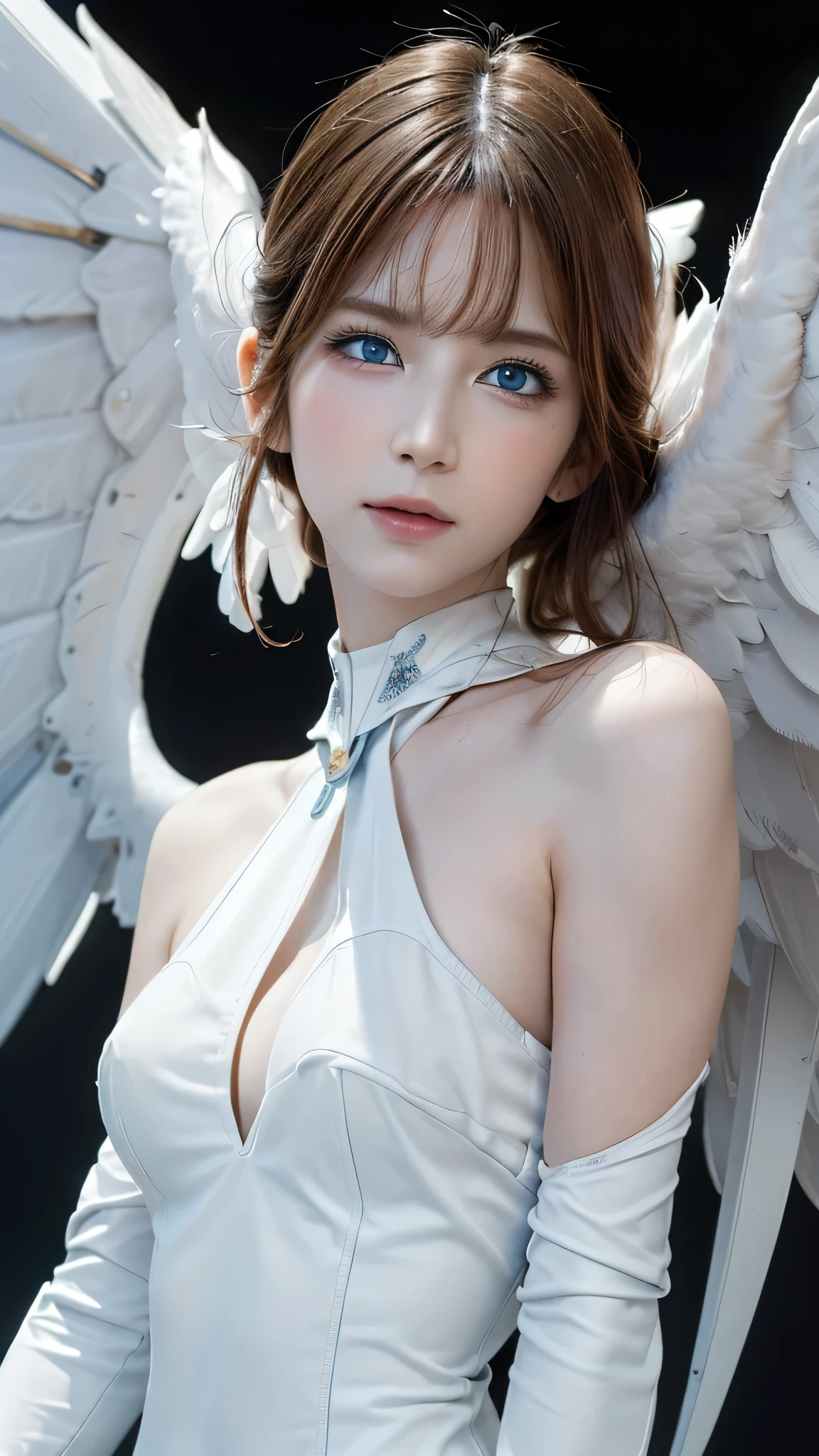 masterpiece, best quality, 4K, ultra-detailed, photorealistic, (1 girl), (upper body), (A fascinating eye for perfect detail:1.2), (revealing white angel clothing), (bare shoulder), blue eyes, smirk, white damaged wings on both sides, dynamic pose, ((fantasy background))