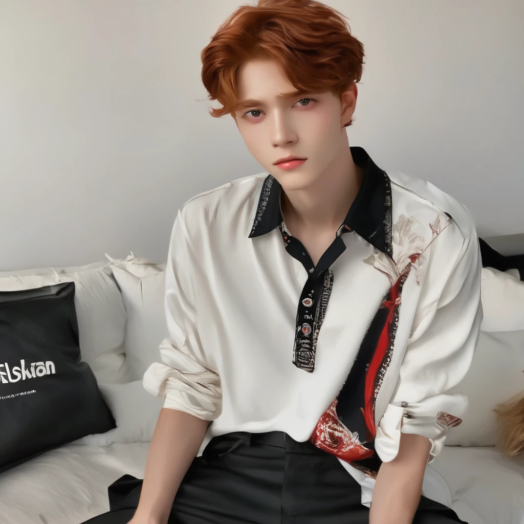 best quality, masterpiece, solo, 1boy, red hair, shirt, red eyes, black beckground, full faces