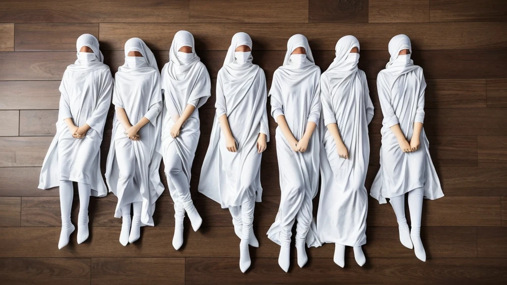 representational image of 5 human corpses, lying on the floor, wrapped in white shrouds,