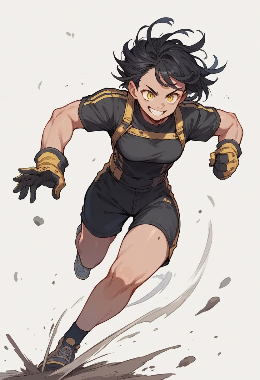 A girl, smile, black hair, big yellow eyes, no body, running, simple white background, with baseboll hat, with glove