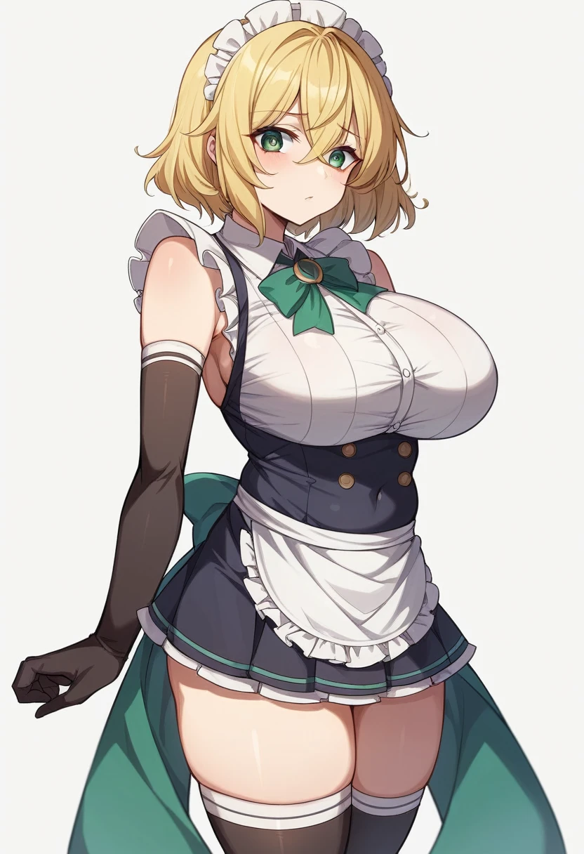 (One girl)、(bob cut)、((Blonde))、（Sato Air）、slan eyes、（boyish）、cute、(Big super breasts)、[Chubby]、Maid clothes、No sleeve、mini skirt、White sleeveless、thigh-high socks thighhighs、(long gloves)、hairs between eyes、flipped hair、(coarse hair)、green eye、say、arm behind back、White Background、