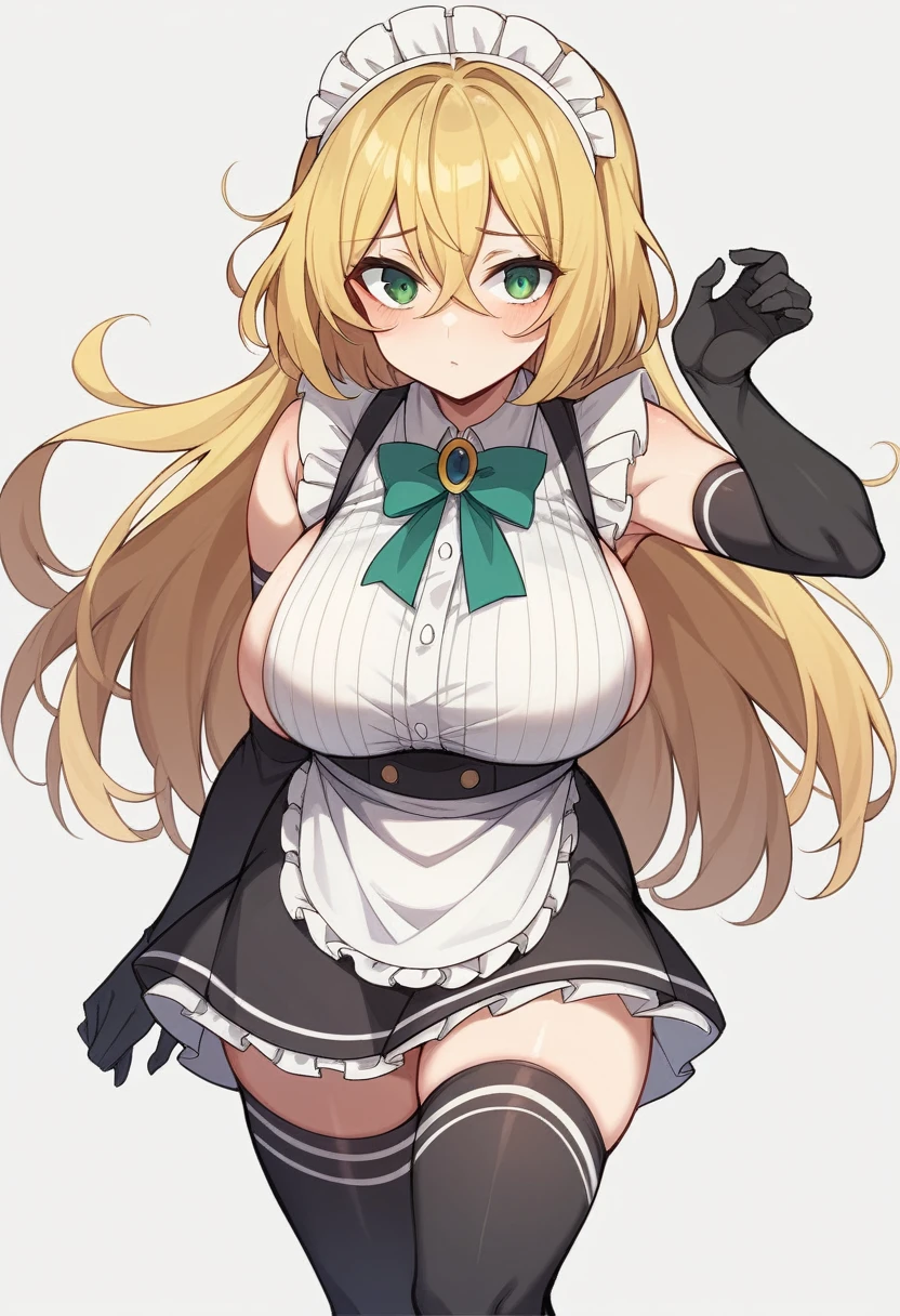 (One girl)、(bob cut)、((Blonde))、（Sato Air）、slan eyes、（boyish）、cute、(Big super breasts)、[Chubby]、Maid clothes、No sleeve、mini skirt、White sleeveless、thigh-high socks thighhighs、(long gloves)、hairs between eyes、flipped hair、(coarse hair)、green eye、say、arm behind back、White Background、