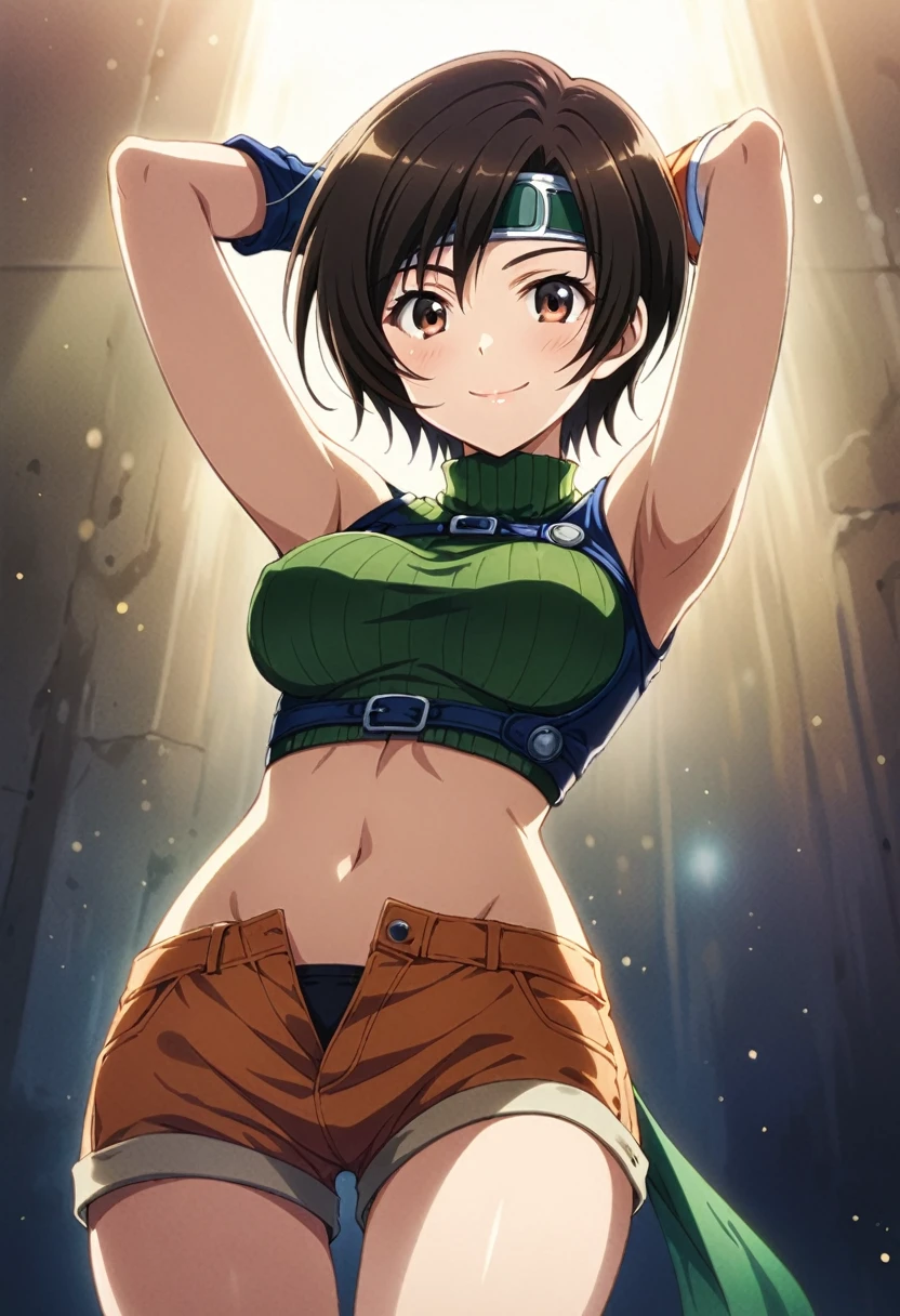 score_9, score_8_up, score_7_up,,BREAK source_anime, from below,side view,,(arms up,arms behind head).straight-on,medium shot,looking_at_viewer,1girl, yuffie kisaragi, final fantasy, short hair,headband,navel,sleeveless,turtleneck,brown eyes,sleeveless turtleneck,solo,breasts,looking at viewer,smile,gloves,crop top,brown hair,shorts,midriff,,sweater,open fly,fingerless gloves,ribbed sweater,medium breasts,yufi_kisaragi,smile,beautiful, beautiful nipple,,detailed skin,(masterpeace),(best quality),(aesthetic,very aesthetic),,highly detailed),,professional lighting,cinematic lighting,