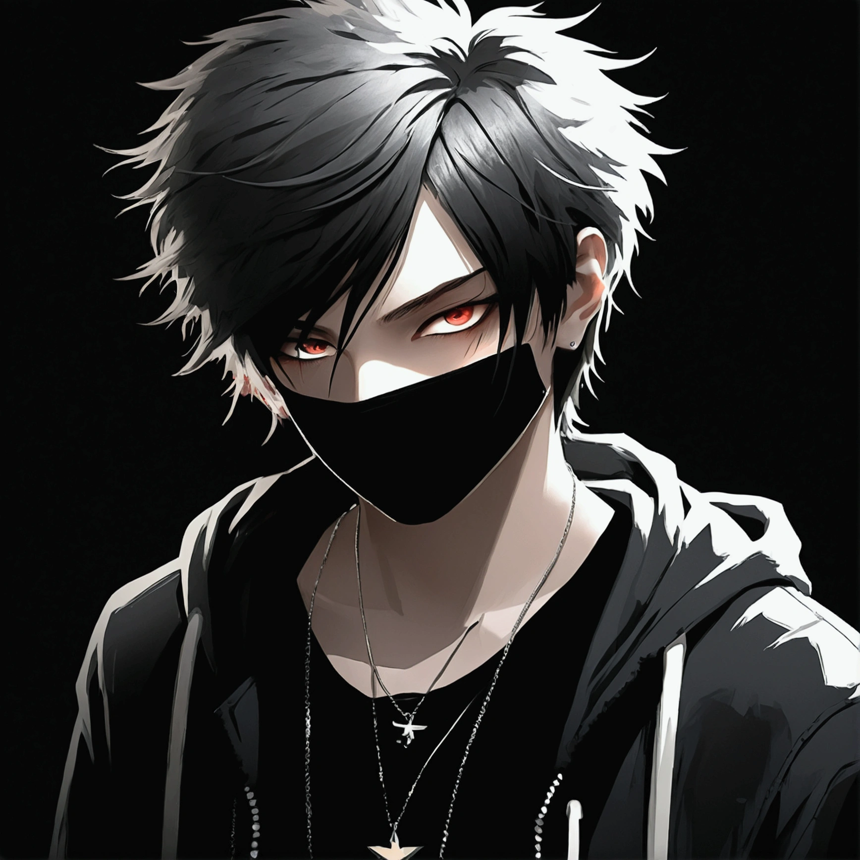 ((vindictive)), ((spoiteful)), An alluring portrayal of a boy with an emo aesthetic, highlighting his gorgeous face against a dark backdrop. His features should exude a sense of mystery and depth, with (messy:1.2) and (tousled:1.1) hair falling over one eye. He is dressed in a classic outfit that complements his style, with a (modern twist:1.1). The image should have a (contrasting:1.2) lighting, emphasizing the contours of his face and creating a captivating interplay of light and shadow. The overall tone should be moody and atmospheric, capturing the essence of his emo persona.