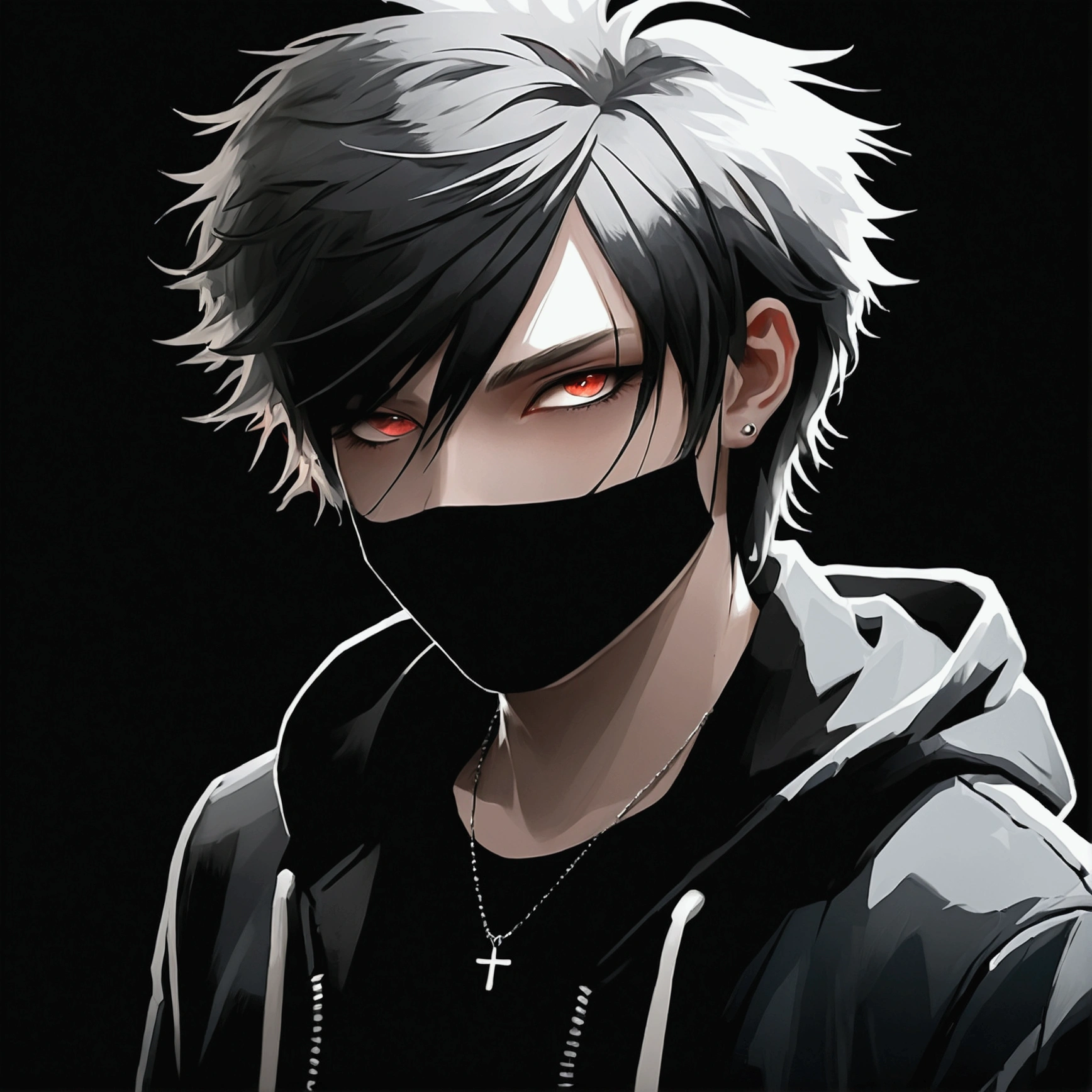 ((vindictive)), ((spoiteful)), An alluring portrayal of a boy with an emo aesthetic, highlighting his gorgeous face against a dark backdrop. His features should exude a sense of mystery and depth, with (messy:1.2) and (tousled:1.1) hair falling over one eye. He is dressed in a classic outfit that complements his style, with a (modern twist:1.1). The image should have a (contrasting:1.2) lighting, emphasizing the contours of his face and creating a captivating interplay of light and shadow. The overall tone should be moody and atmospheric, capturing the essence of his emo persona.