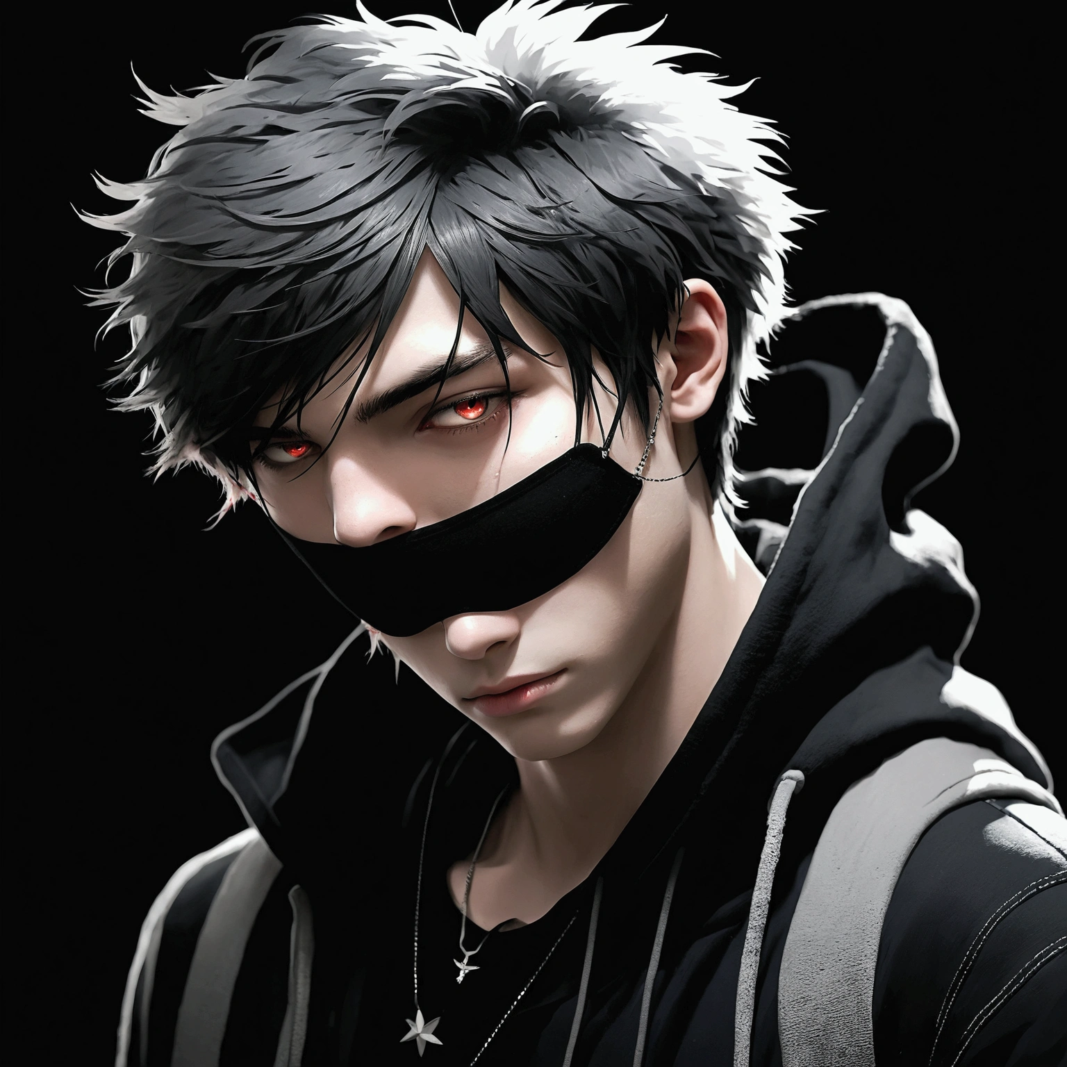 ((vindictive)), ((spoiteful)), An alluring portrayal of a boy with an emo aesthetic, highlighting his gorgeous face against a dark backdrop. His features should exude a sense of mystery and depth, with (messy:1.2) and (tousled:1.1) hair falling over one eye. He is dressed in a classic outfit that complements his style, with a (modern twist:1.1). The image should have a (contrasting:1.2) lighting, emphasizing the contours of his face and creating a captivating interplay of light and shadow. The overall tone should be moody and atmospheric, capturing the essence of his emo persona.