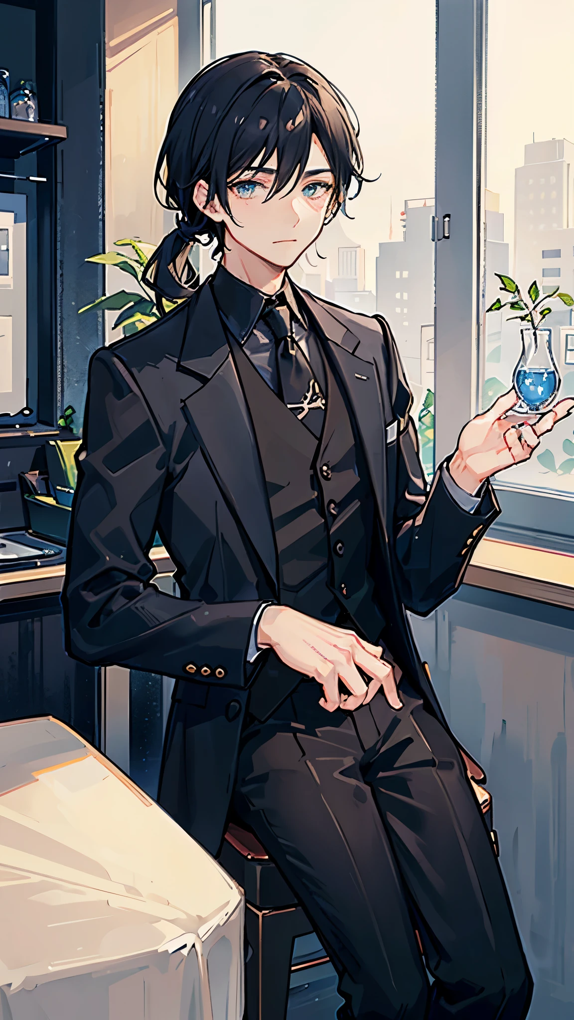 A man around 35 years old、A man with waist-length black hair tied back、Wearing a black suit、Eye color is a calm blue、The background is a stylish cafe、There is a white cat