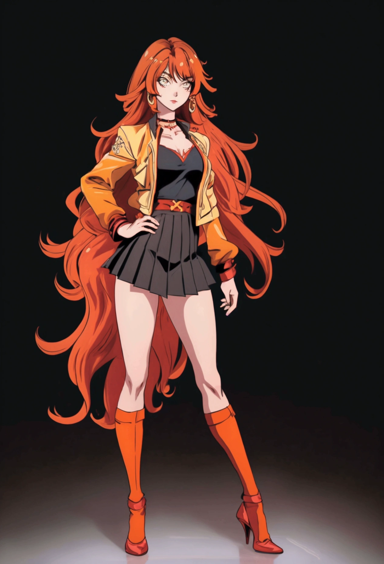 ol office ol professional attire,Anime girl with long red and orange hair and black hair, 28 years old,long hair anime girl, She has long orange-yellow hair., Attractive anime girl,shirt,Professional hip skirt,Very long hair,Large Breasts,Keep files,Exciting appearance,Front view,First Perspective,high quality,16K,Exciting appearance,very clearly,Exquisite mature facial,Royal sister,Alone,Standing front,Hands hanging down,High heel,whole body
