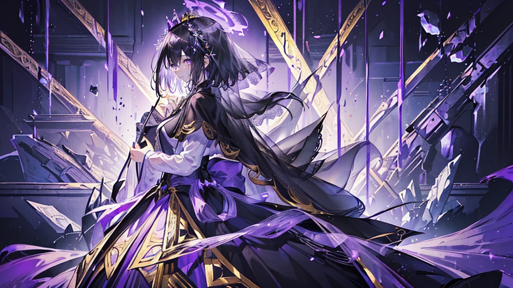 (Super detailed)),((illustration))，((masterpiece)),(((need))),((fine、Highest quality CG Unity 8K wallpapers，masterpiece），（（4K，masterpiece，best quality）），Black hair queen，Waist-length hair，Royal sister，Sexy，Tall figure，Lilac eyes，Standing upright in a coffin，Mature，Hair Bunch，Hair tied on both sides，Black and gold gauze robe，Black and purple French vintage clothing，Gorgeous pure black cape，Black veil，Purple-white halo，Black and purple high heels，Wearing a crown on the head，Holding a knight&#39;s sword，pyramid，Emitting dim purple light，Brilliant palace，The deep sea is filled with coffins，Mysterious symbols,individual，Full body picture